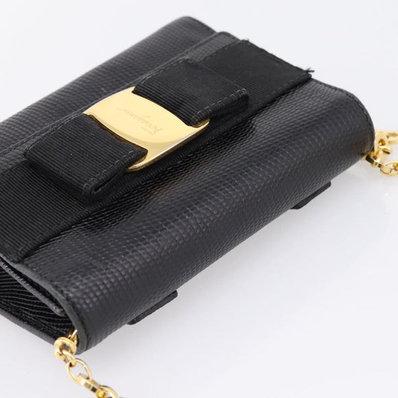 Salvatore Ferragamo Vala Chain Bag Leather Embossed Black Gold Auth bs37541
