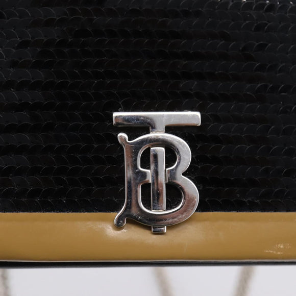 BURBERRY Chain Shoulder Bag Leather Sequins Black Silver Auth bs37543V