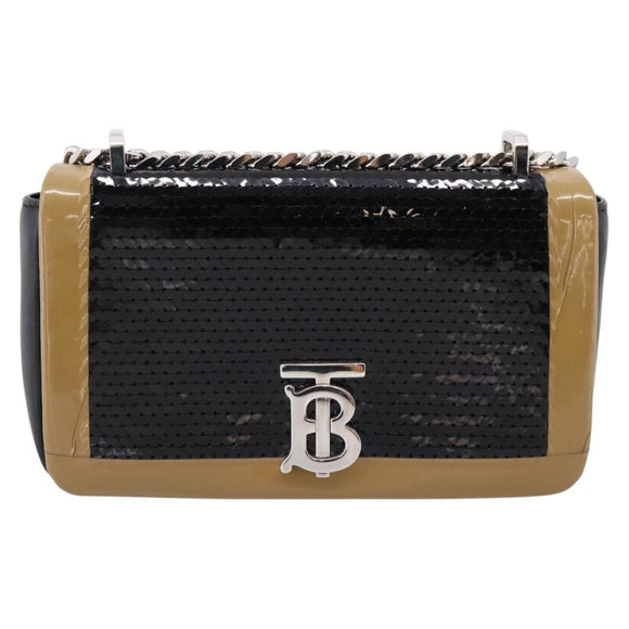 BURBERRY Chain Shoulder Bag Leather Sequins Black Silver Auth bs37543V