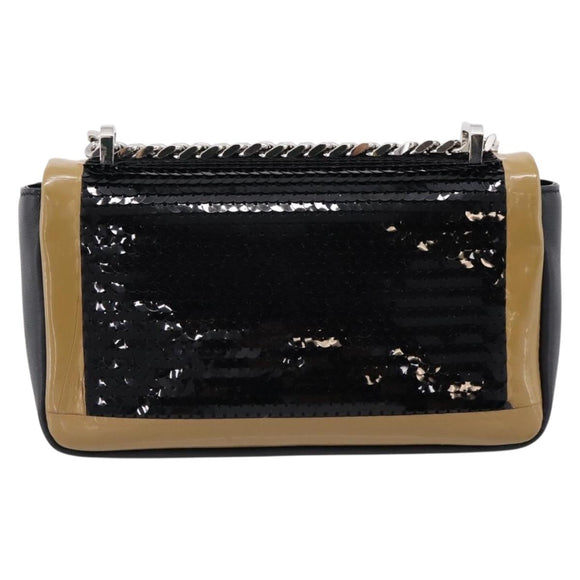 BURBERRY Chain Shoulder Bag Leather Sequins Black Silver Auth bs37543V