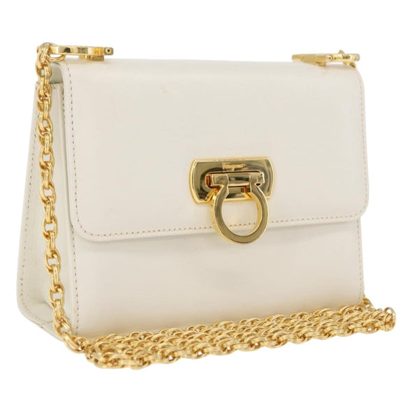 Salvatore Ferragamo Gancini Chain Shoulder Bag Leather White Gold Auth bs37544