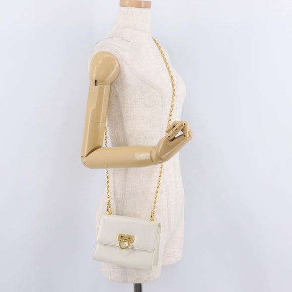 Salvatore Ferragamo Gancini Chain Shoulder Bag Leather White Gold Auth bs37544