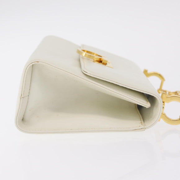 Salvatore Ferragamo Gancini Chain Shoulder Bag Leather White Gold Auth bs37544