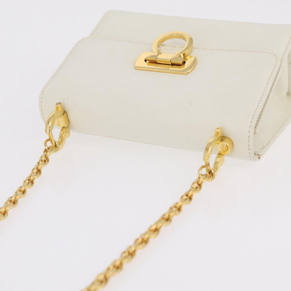 Salvatore Ferragamo Gancini Chain Shoulder Bag Leather White Gold Auth bs37544
