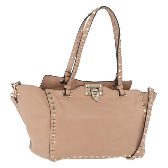 Valentino Rock Studs Hand Bag Leather 2way Beige Gold Auth bs37563