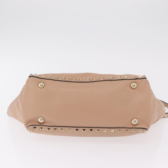 Valentino Rock Studs Hand Bag Leather 2way Beige Gold Auth bs37563