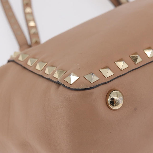 Valentino Rock Studs Hand Bag Leather 2way Beige Gold Auth bs37563