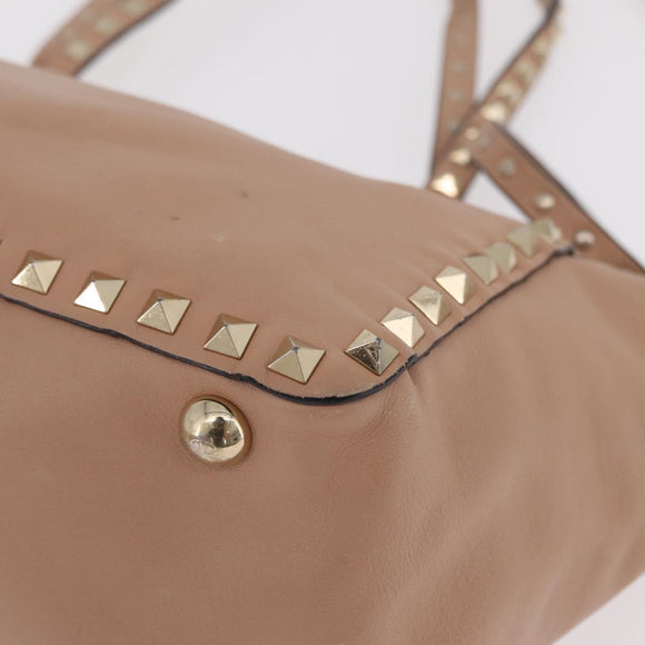Valentino Rock Studs Hand Bag Leather 2way Beige Gold Auth bs37563