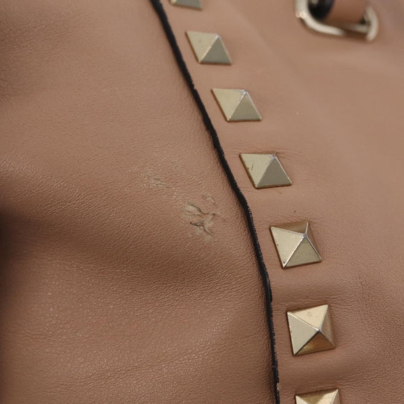 Valentino Rock Studs Hand Bag Leather 2way Beige Gold Auth bs37563