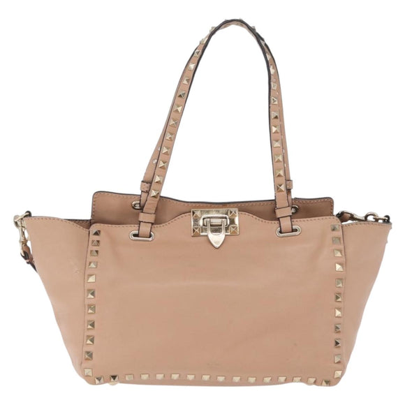 Valentino Rock Studs Hand Bag Leather 2way Beige Gold Auth bs37563
