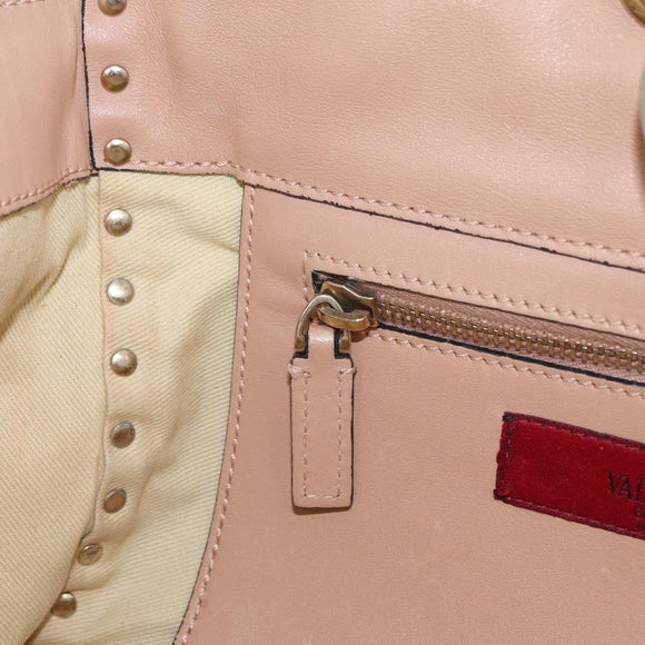 Valentino Rock Studs Hand Bag Leather 2way Beige Gold Auth bs37563