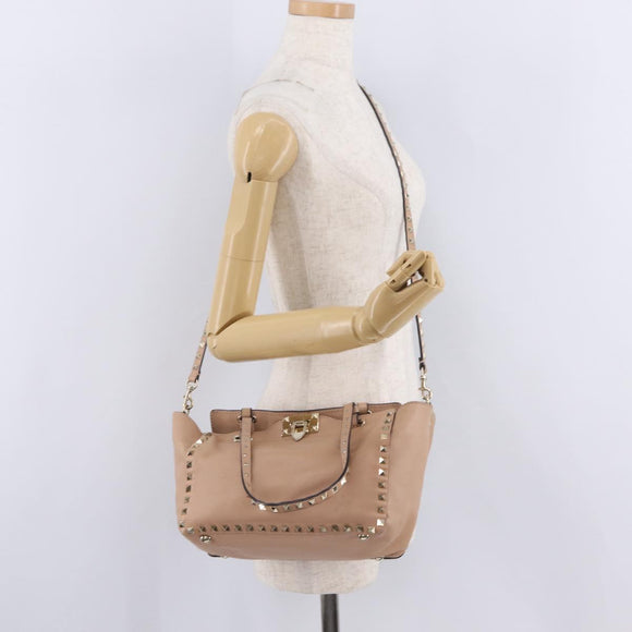 Valentino Rock Studs Hand Bag Leather 2way Beige Gold Auth bs37563