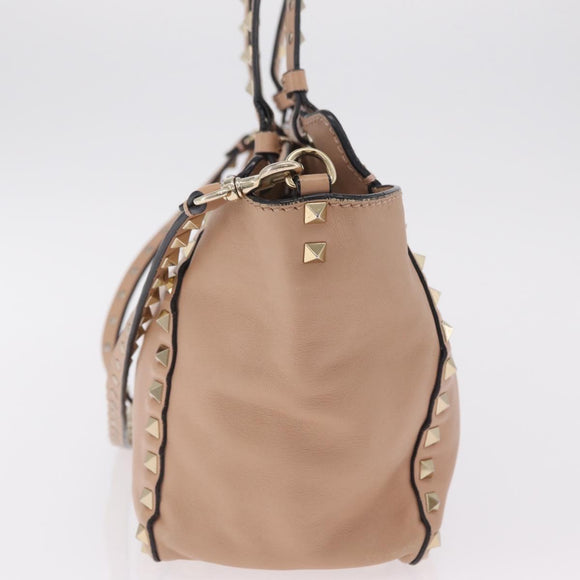 Valentino Rock Studs Hand Bag Leather 2way Beige Gold Auth bs37563