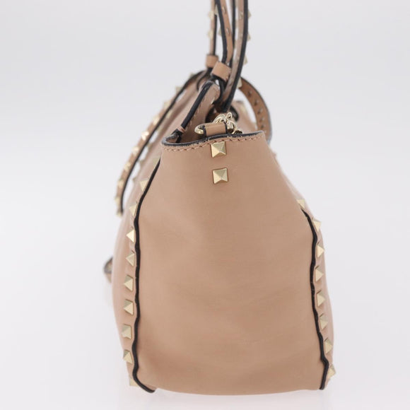 Valentino Rock Studs Hand Bag Leather 2way Beige Gold Auth bs37563