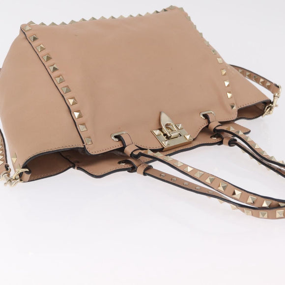 Valentino Rock Studs Hand Bag Leather 2way Beige Gold Auth bs37563
