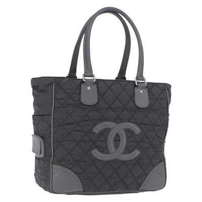 CHANEL Paris New York Line Matelasse Tote Bag Nylon Gray Silver CC Auth bs37569V
