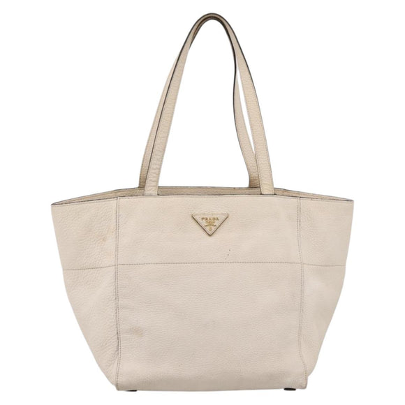 PRADA Tote Bag Leather White Gold Auth bs37576