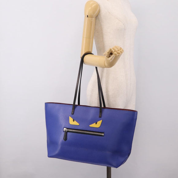 FENDI Monster Tote Bag Leather Blue Silver Auth bs37582