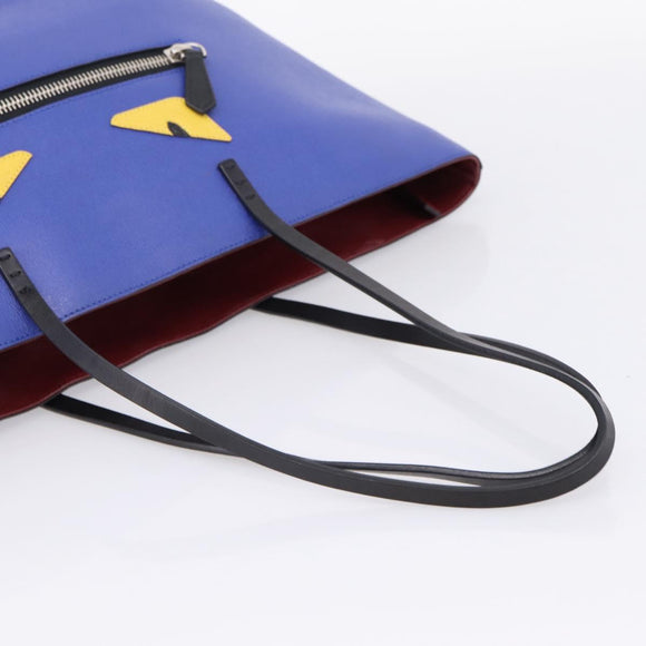 FENDI Monster Tote Bag Leather Blue Silver Auth bs37582