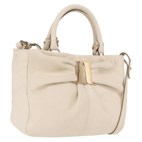 Salvatore Ferragamo Hand Bag Leather 2way White Gold Auth bs37590