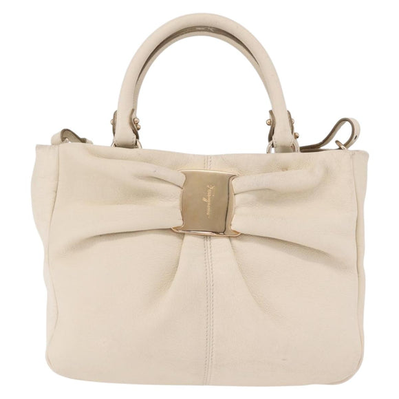 Salvatore Ferragamo Hand Bag Leather 2way White Gold Auth bs37590