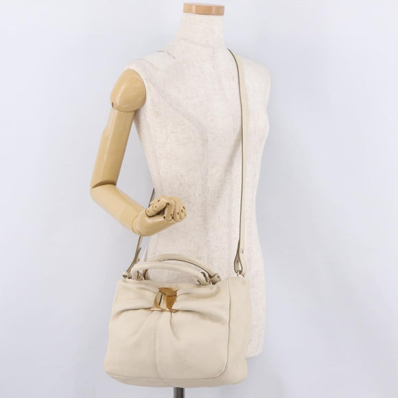 Salvatore Ferragamo Hand Bag Leather 2way White Gold Auth bs37590