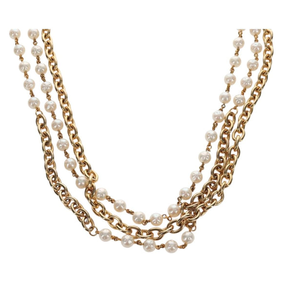 CHANEL Pearl Necklace metal Gold White CC Auth bs37622V