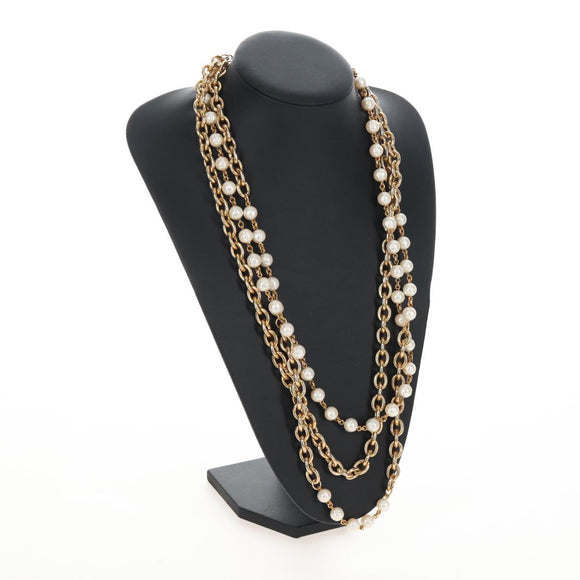 CHANEL Pearl Necklace metal Gold White CC Auth bs37622V