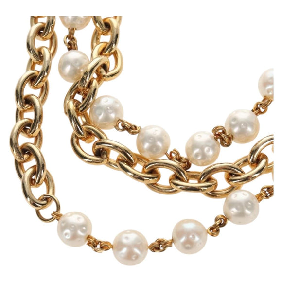CHANEL Pearl Necklace metal Gold White CC Auth bs37622V