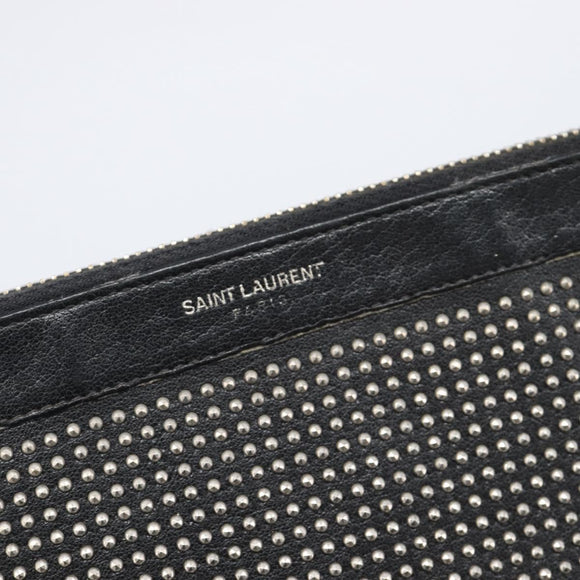 Saint Laurent Clutch Bag Leather Black Silver Auth bs37645