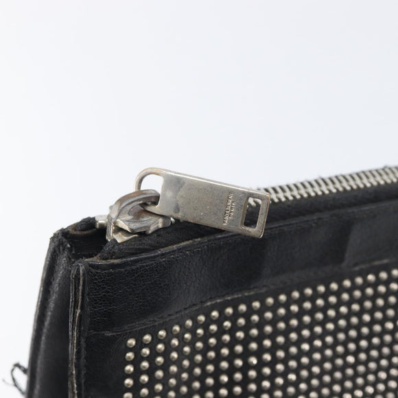 Saint Laurent Clutch Bag Leather Black Silver Auth bs37645