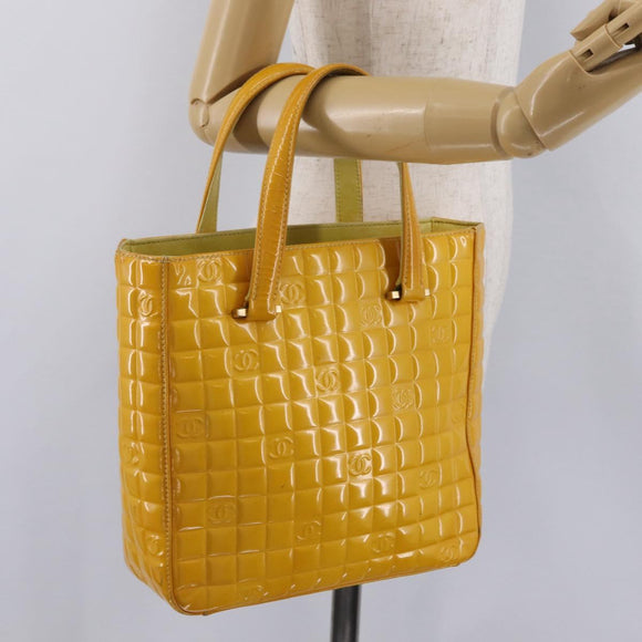 CHANEL Choco Bar Hand Bag Patent leather Yellow Gold CC Auth bs37655