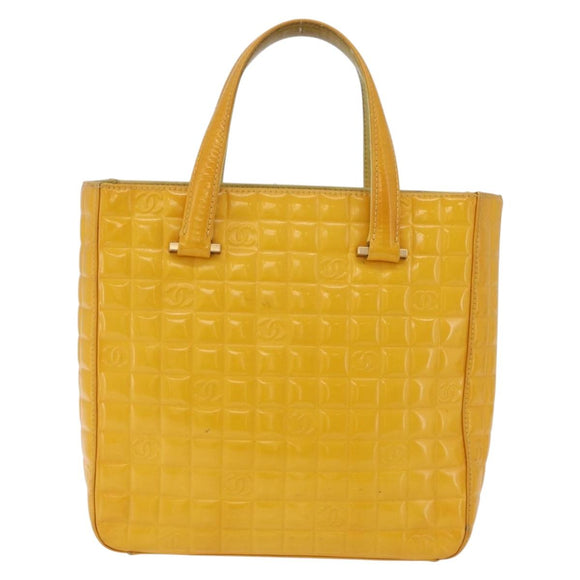 CHANEL Choco Bar Hand Bag Patent leather Yellow Gold CC Auth bs37655
