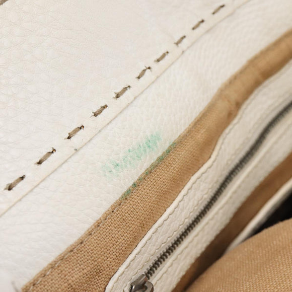 FENDI Celeria Tote Bag Leather White Silver Auth bs37656