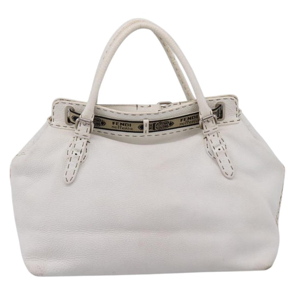 FENDI Celeria Tote Bag Leather White Silver Auth bs37656