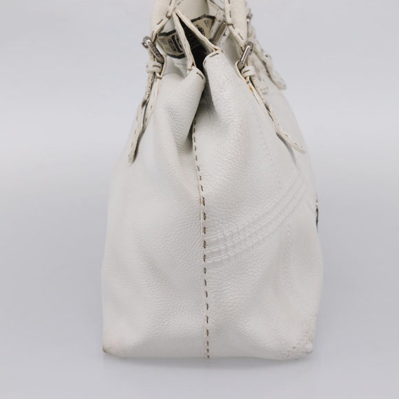 FENDI Celeria Tote Bag Leather White Silver Auth bs37656