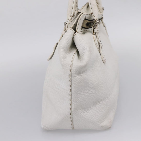 FENDI Celeria Tote Bag Leather White Silver Auth bs37656