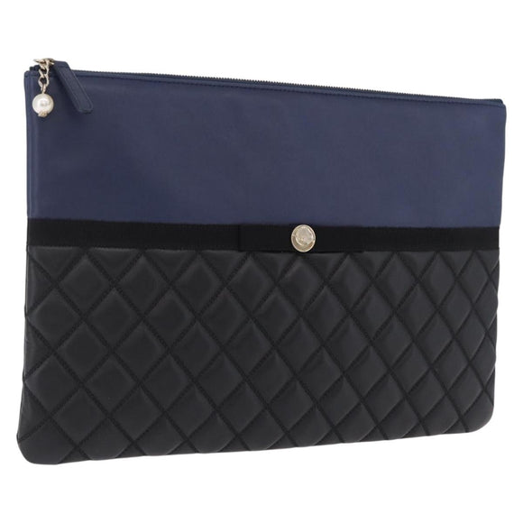 CHANEL Matelasse Clutch Bag Lamb Skin Black Gold CC Auth bs37664