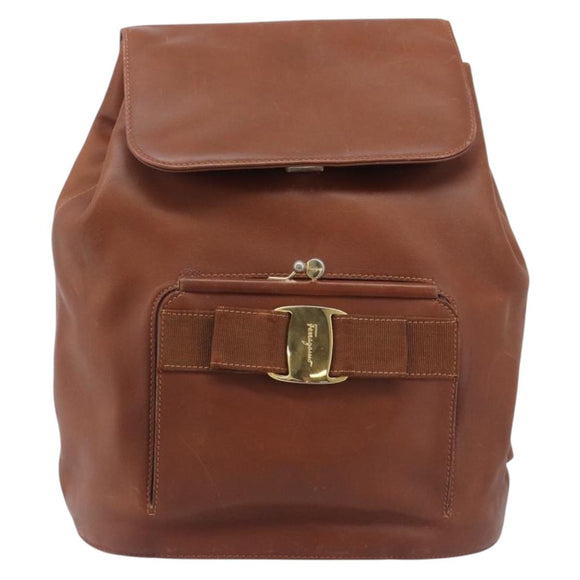 Salvatore Ferragamo Vala Backpack Leather Brown Gold Auth bs37669