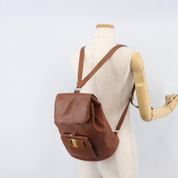 Salvatore Ferragamo Vala Backpack Leather Brown Gold Auth bs37669