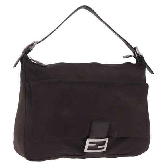 FENDI Mamma Baguette Shoulder Bag Cotton Jersey Brown Silver Auth bs37676