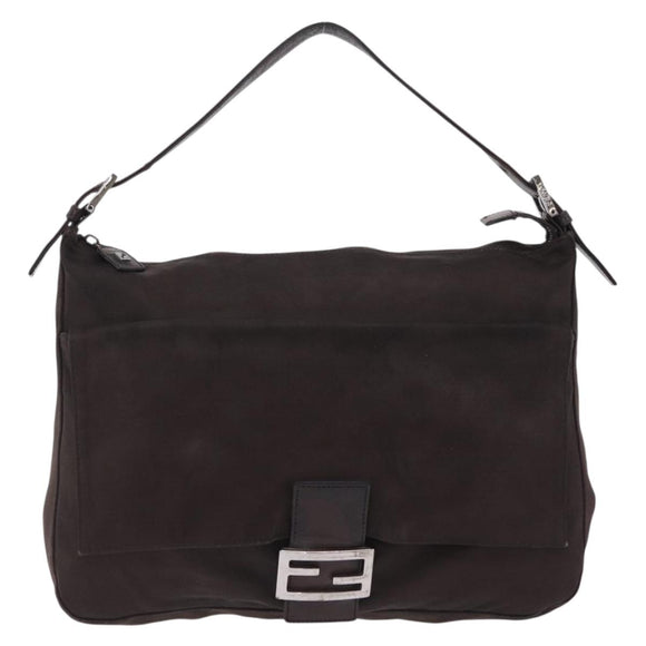 FENDI Mamma Baguette Shoulder Bag Cotton Jersey Brown Silver Auth bs37676