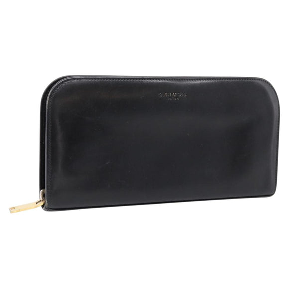 Saint Laurent Long Wallet Leather Black Gold Auth bs37677