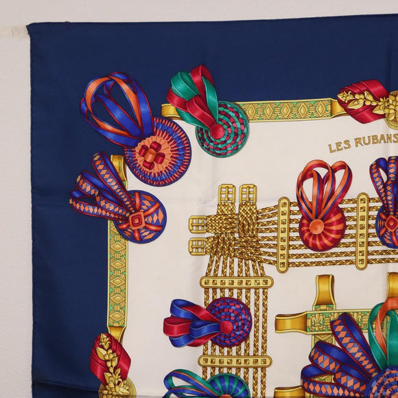 HERMES Carre 90 Scarf ”LES RUBANS DU CHEVAL” Silk Blue Auth bs37692