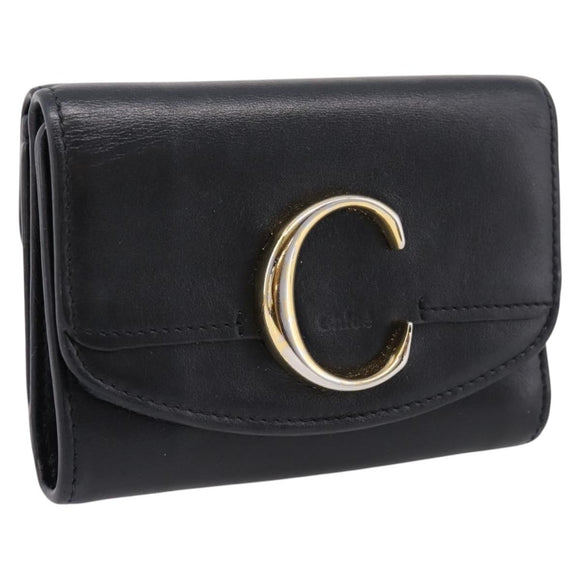Chloe C Trifold Wallet Leather Black Gold Auth bs37709A