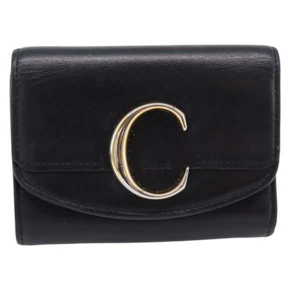 Chloe C Trifold Wallet Leather Black Gold Auth bs37709A
