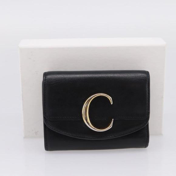 Chloe C Trifold Wallet Leather Black Gold Auth bs37709A