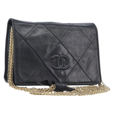 CHANEL Matelasse Chain Shoulder Bag Lamb Skin Black Gold CC Auth bs37711A