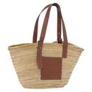 LOEWE Anagram Basket Bag Hand Bag Raffia Leather Beige Silver Auth bs37718A-1