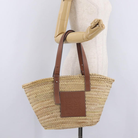 LOEWE Anagram Basket Bag Hand Bag Raffia Leather Beige Silver Auth bs37718A